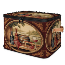 CURLYOOT Vintage Wine Theme Storage Bin with Zipper Lid, Fabric Decorative Lidded Storage Baskets Boxes, Foldable Organizer Container Basket for Bedroom Closet Shelf