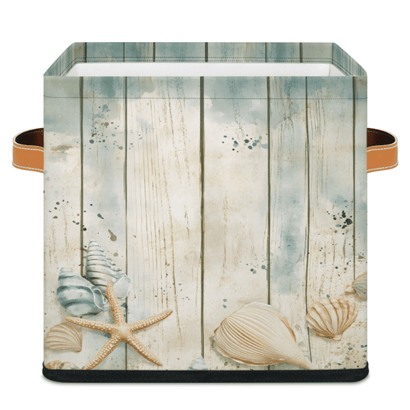 CURLYOOT Vintage Wood Ocean Nautical Coastal Starfish 11 x 11 Inch Cube Storage Bin, Fabric Storage Cube Foldable Basket with Leather Handles, Organizer Basket for Closet Shelves