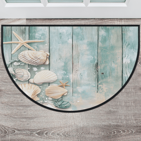 CURLYOOT Vintage Wood Ocean Nautical Starfish Half Round Door Mat 24'' x 36'', Indoor Outdoor Entrance Rug, Semi Circular Area Rug, Non Slip Washable Absorbent Doormat, Laundry Room Rug