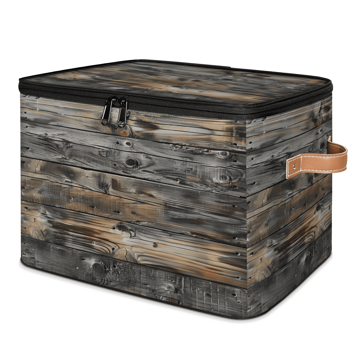 CURLYOOT Vintage Wood Texture Fabric Storage Bins with Lids, Foldable Storage Boxes Washable Storage Cube, Closet Bedroom Home Organizer Containers with PU Leather Handles