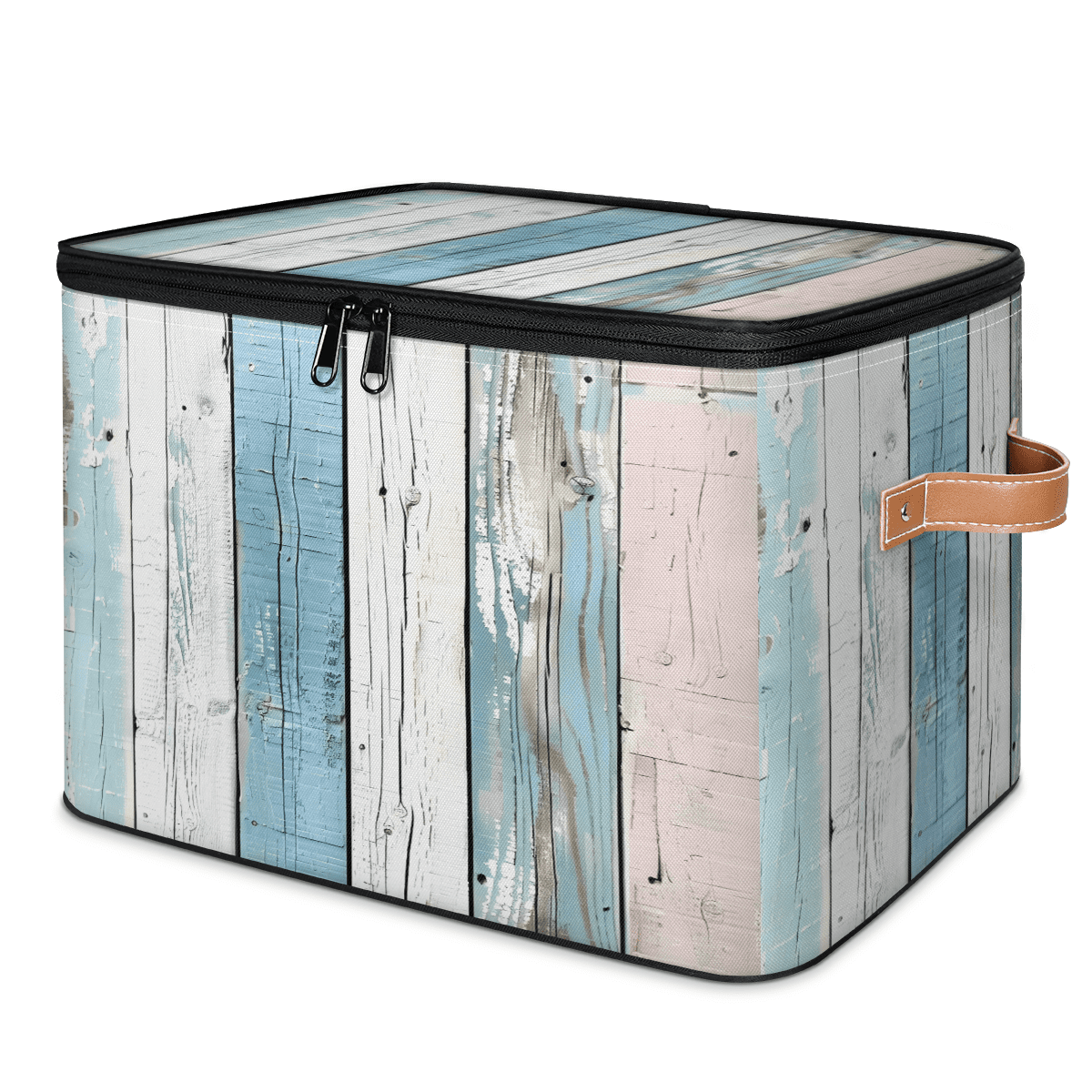 CURLYOOT Vintage Wooden Board Fabric Storage Bins with Lids, Foldable Storage Boxes Washable Storage Cube, Closet Bedroom Home Organizer Containers with PU Leather Handles