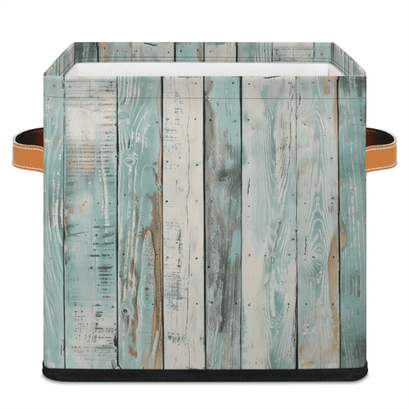 CURLYOOT Vintage Wooden Cube Storage Bin 11 Inch Fabric Storage Cube for Shelves Decorative Foldable Basket with Leather Handle for Closet Shelves Organizer