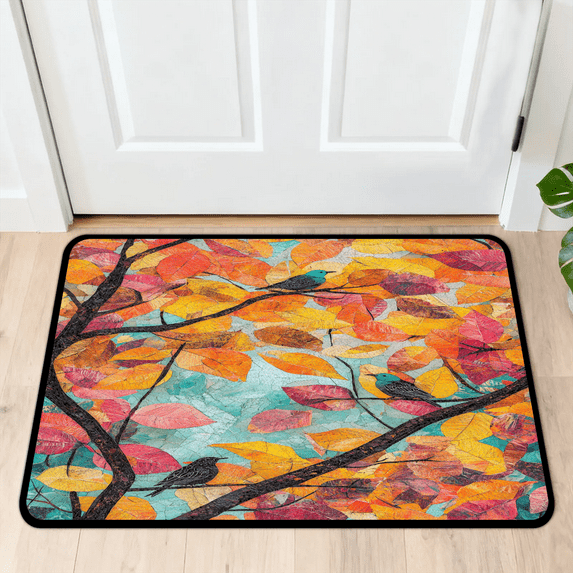 CURLYOOT Watercolor Autumn Maple Leaf Birds Front Door Mat, Washable Non-Slip Door Mat, Indoor Outdoor Floor Mats Absorbent Welcome Doormat for Entrance 20" x 30"