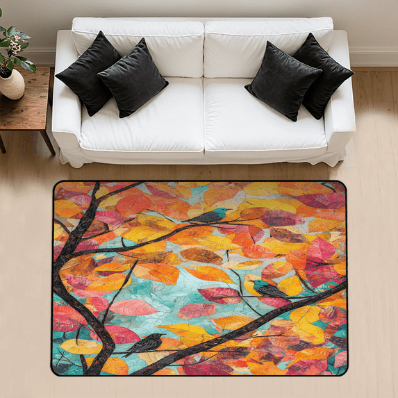 CURLYOOT Watercolor Autumn Maple Leaf Birds Rug for Living Room Bedroom, 4x6 Ft Washable Area Rug, Non Slip Rugs for Entryway, Large Carpet for Indoor Dining Room