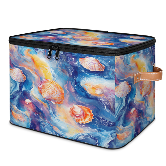 CURLYOOT Watercolor Beach Shell Storage Bin with Zipper Lid, Fabric Decorative Lidded Storage Baskets Boxes, Foldable Organizer Container Basket for Bedroom Closet Shelf