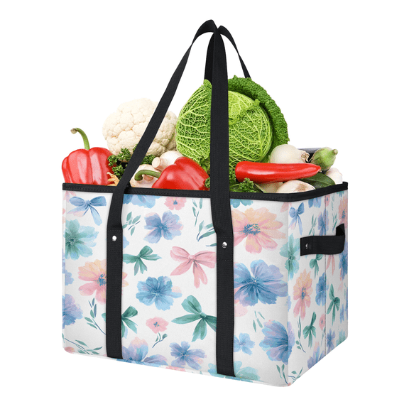 CURLYOOT Watercolor Blossom Floral Reusable Grocery Bag, Foldable Shopping Tote Bag with Reinforced Handles, Large Kitchen Grocery Bags for Shopping Groceries Picnic