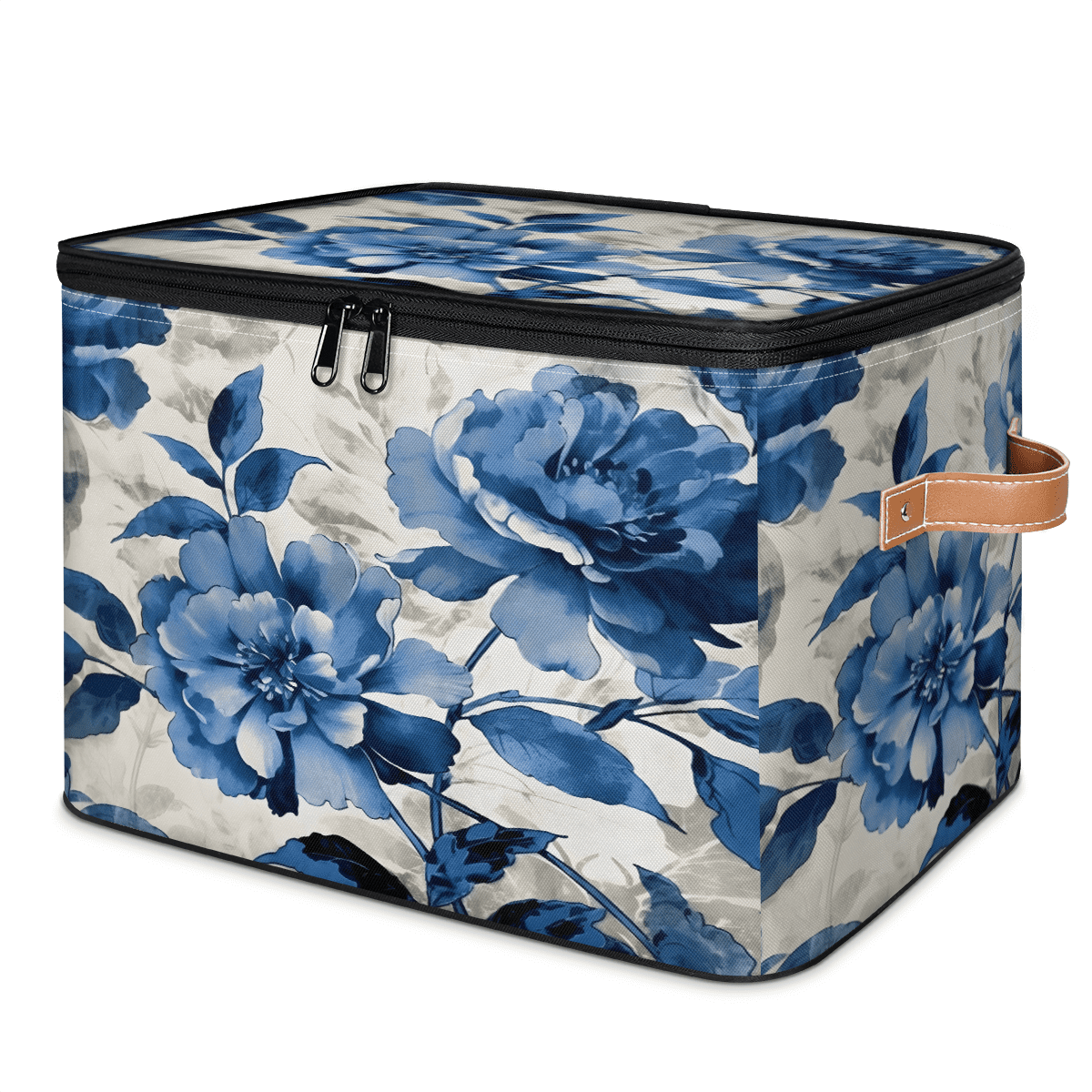 CURLYOOT Watercolor Blue Flower Storage Bin with Zipper Lid, Fabric Decorative Lidded Storage Baskets Boxes, Foldable Organizer Container Basket for Bedroom Closet Shelf