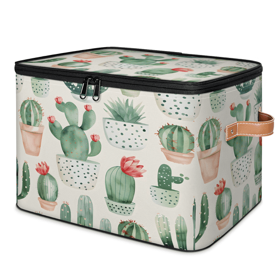 CURLYOOT Watercolor Cactus Fabric Storage Bins with Lids, Green Cactus Foldable Storage Boxes Washable Storage Cube, Closet Bedroom Home Organizer Containers with PU Leather Handles