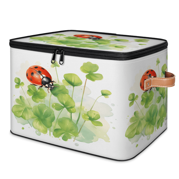CURLYOOT Watercolor Clover Ladybugs Storage Bin with Zipper Lid, Fabric Decorative Lidded Storage Baskets Boxes, Foldable Organizer Container Basket for Bedroom Closet Shelf