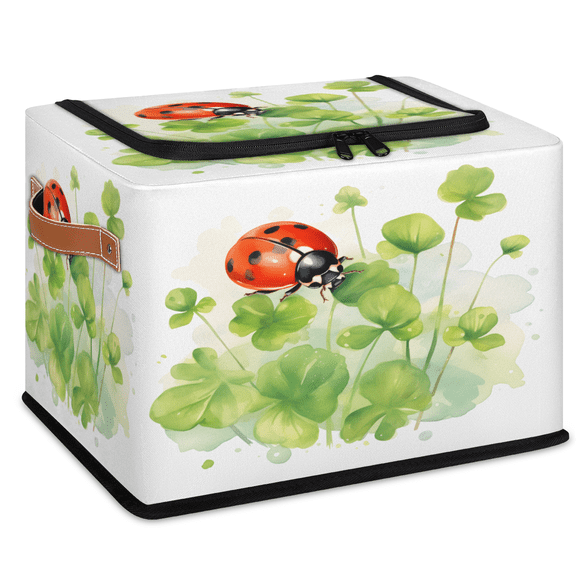 CURLYOOT Watercolor Clover Ladybugs Storage Bin with Zipper Lid, Foldable Clothes Organizer Lidded Storage Baskets, Rectangular Box Closet Shelf Organizer for Living Room Bedroom Home