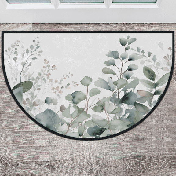 CURLYOOT Watercolor Eucalyptus Leaves Half Round Door Mat, Indoor Outdoor Entrance Rug, Semi Circular Area Rug, Non Slip Washable Absorbent Doormat, Laundry Room Rug 24'' x 36''