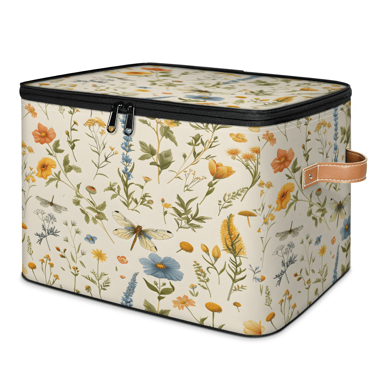 CURLYOOT Watercolor Floral Dragonfly Storage Bin with Zipper Lid, Fabric Decorative Lidded Storage Baskets Boxes, Foldable Organizer Container Basket for Bedroom Closet Shelf