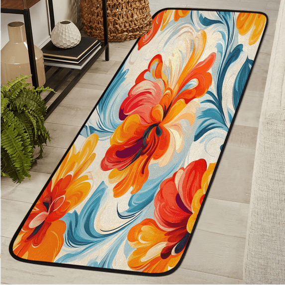 CURLYOOT Watercolor Floral Runner Rug 2'x6' Washable Kitchen Runner Rug Indoor Non Slip Laundry Rugs Vintage Floor Carpet for Hallway Kitchen Entryway Bedroom Living Room