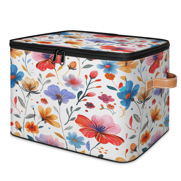CURLYOOT Watercolor Flower Fabric Storage Bins with Lids, Colorful Floral Foldable Storage Boxes Washable Storage Cube, Closet Bedroom Home Organizer Containers with PU Leather Handles