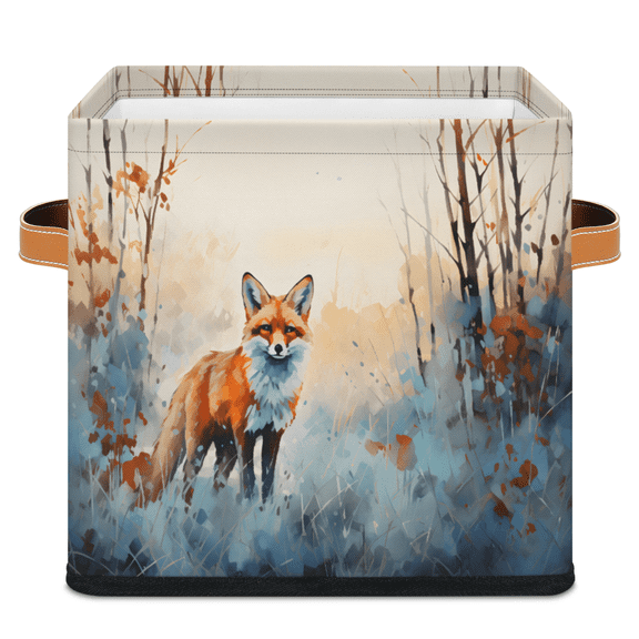 CURLYOOT Watercolor Fox 11 x 11 Inch Cube Storage Bin, Decorative Storage Cube Foldable Basket with Leather Handle, Fabric Bin for Closet Shelves Home Organizer