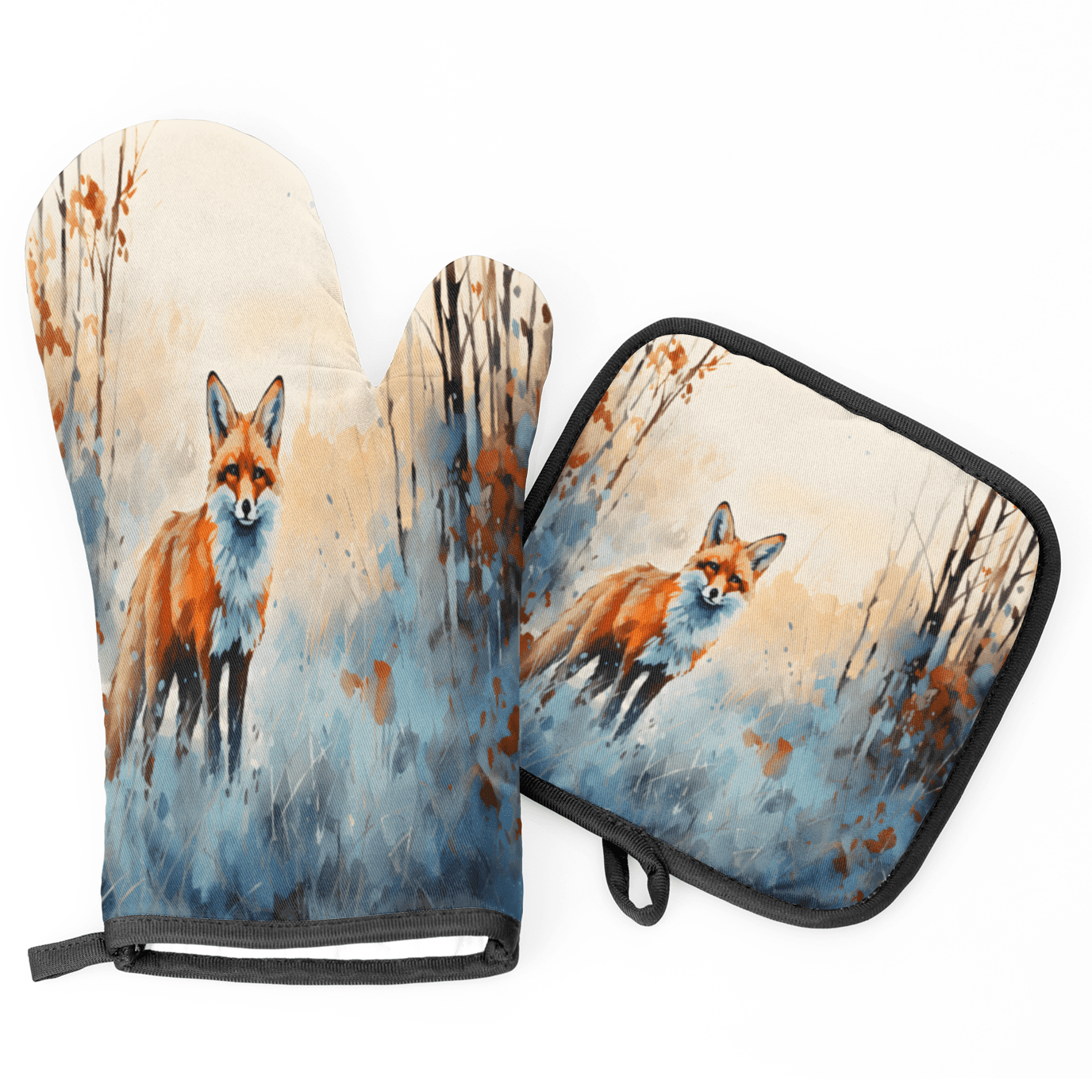 CURLYOOT Watercolor Fox Oven Mitts and Pot Holders Sets of 2, Non-Slip Washable Hot Pads and Oven Gloves for Kitchen Cooking Baking