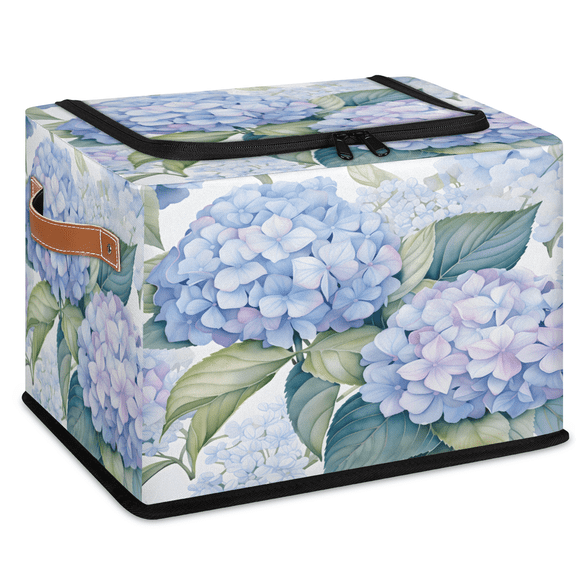 CURLYOOT Watercolor Hydrangea Flower Storage Bin with Zipper Lid, Foldable Clothes Organizer Lidded Storage Baskets, Rectangular Box Closet Shelf Organizer for Living Room Bedroom Home