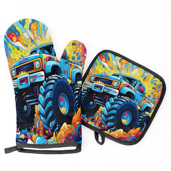 CURLYOOT Watercolor Monster Truck Oven Mitts and Pot Holders Sets of 2, Non-Slip Washable Hot Pads and Oven Gloves for Kitchen Cooking Baking