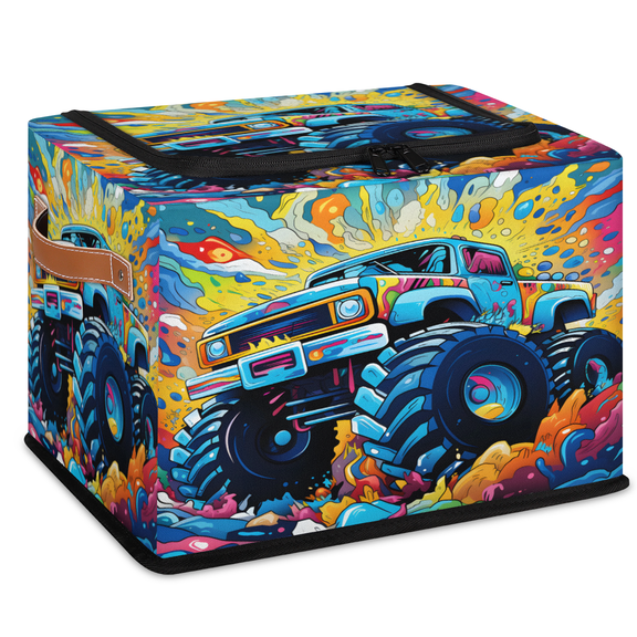 CURLYOOT Watercolor Monster Truck Storage Bin With Zipper Lid, Foldable Clothes Organizer Lidded Storage Baskets, Rectangular Box Closet Shelf Organizer for Bedroom Living Room