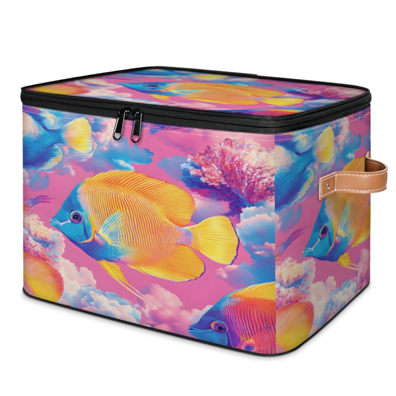 CURLYOOT Watercolor Ocean Fish Storage Bins with Zipper Lid Fabric Storage Baskets Boxes Washable Foldable Clothes Organizer Container with Leather Handles for Shelves Closet