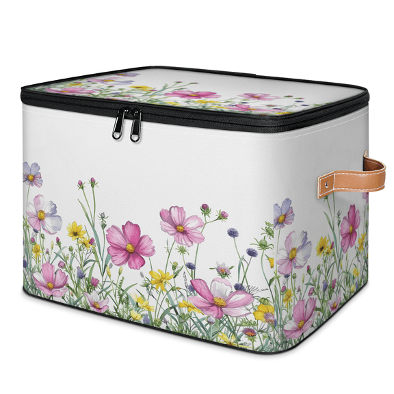 CURLYOOT Watercolor Spring Flowers Fabric Storage Bins with Lids, Floral Seasonal Foldable Storage Boxes Washable Storage Cube, Closet Bedroom Home Organizer Containers with Handles