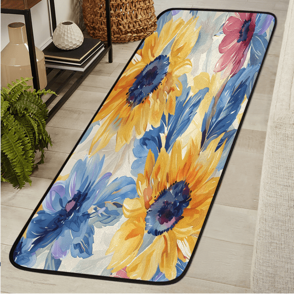 CURLYOOT Watercolor Sunflowers Runner Rug 2'x6' Washable Kitchen Runner Rug Indoor Non Slip Laundry Rugs Floor Carpet for Hallway Kitchen Entryway Bedroom Living Room