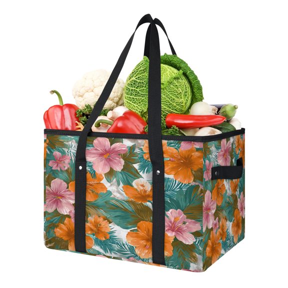 CURLYOOT Watercolor Tropical Blossom Floral Reusable Grocery Bag, Foldable Shopping Tote Bag with Reinforced Handles, Large Kitchen Grocery Bags for Shopping Groceries Picnic