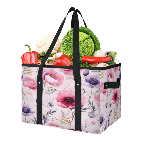 CURLYOOT Watercolor Wild Flowers Floral Reusable Grocery Bag, Foldable Shopping Tote Bag with Reinforced Handles, Large Kitchen Grocery Bags for Shopping Groceries Picnic