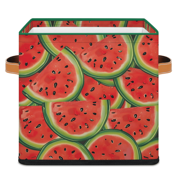 CURLYOOT Watermelon Cube Storage Bin 11 Inch Fabric Storage Cube for Shelves Decorative Fruit Watermelon Foldable Basket with Leather Handle for Closet Shelves Organizer