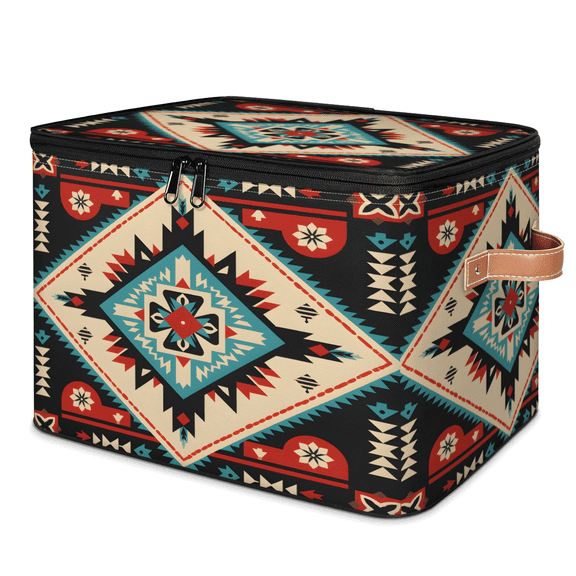 CURLYOOT Western Aztec Storage Bins with Zipper Lid Fabric Storage Baskets Boxes Ethnic Geomatric Washable Foldable Clothes Organizer Container with Leather Handles for Shelves Closet