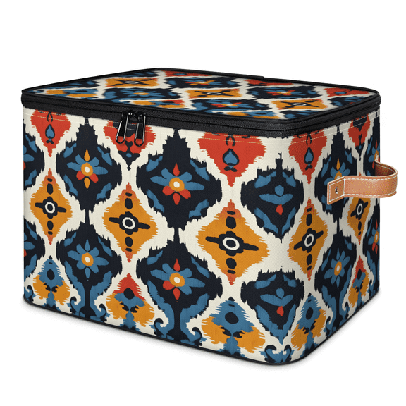CURLYOOT Western Aztec Storage Bins with Zipper Lid Fabric Storage Baskets Boxes Geometric Vintage Washable Foldable Clothes Organizer Container with Leather Handles for Shelves Closet