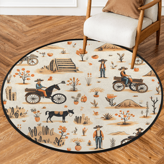 CURLYOOT Western Cowboy 5.2ft Round Rug for Living Room, Large Washable Area Rug, Non Slip Floor Mat Rustic Desert Indoor Rugs for Bedroom, Dining Room, Offices, Entryway