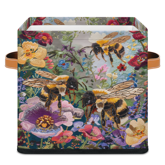 CURLYOOT Wild Bee With Flower 11 x 11 Inch Cube Storage Bin, Fabric Storage Cube Foldable Basket with Leather Handles, Organizer Basket for Closet Shelves