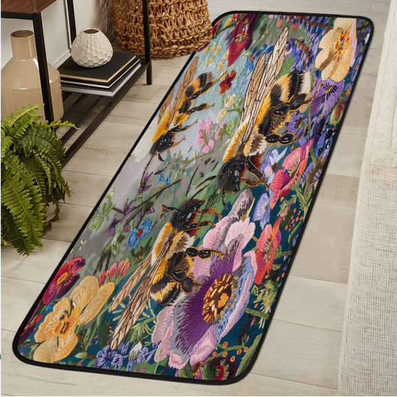CURLYOOT Wild Bee With Flower Runner Rug 2'x6' Washable Kitchen Runner Rug Indoor Non Slip Laundry Rugs Floor Carpet for Hallway Kitchen Entryway Bedroom Living Room
