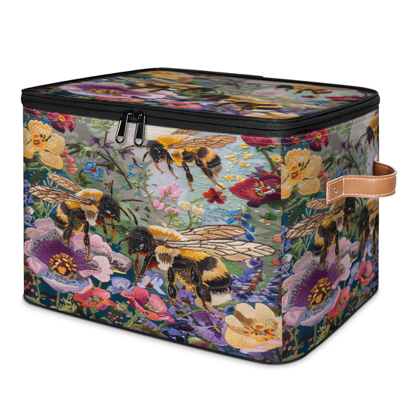 CURLYOOT Wild Bee With Flower Storage Bins with Lid, Decorative Fabric Storage Boxes, Foldable Closet Shelf Organizer Baskets for Bedroom, Living Room, Home