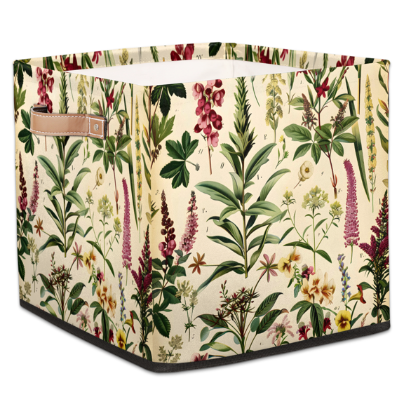 CURLYOOT Wildflower Botanical Cube Storage Bin, 13 x 13 x 13 Storage Cube Bins for Organizing, Floral Vintage Fabric Foldable Closet Baskets with Handles for Closet, Shelves, Clothes