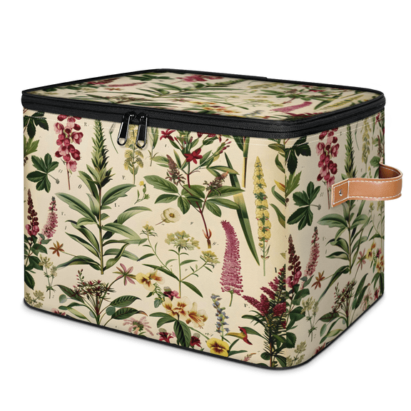 CURLYOOT Wildflower Botanical Fabric Storage Bins with Lids, Floral Vintage Foldable Storage Boxes Washable Storage Cube, Closet Bedroom Home Organizer Containers with Handles