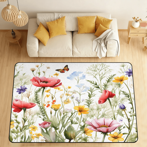 CURLYOOT Wildflower Botanical Floral Flower Plant Area Rugs for Living Room Bedroom, 4' 10" x 6' 8" Washable Rug, Floor Carpet with Non Slip Backing for Dining Room Indoor