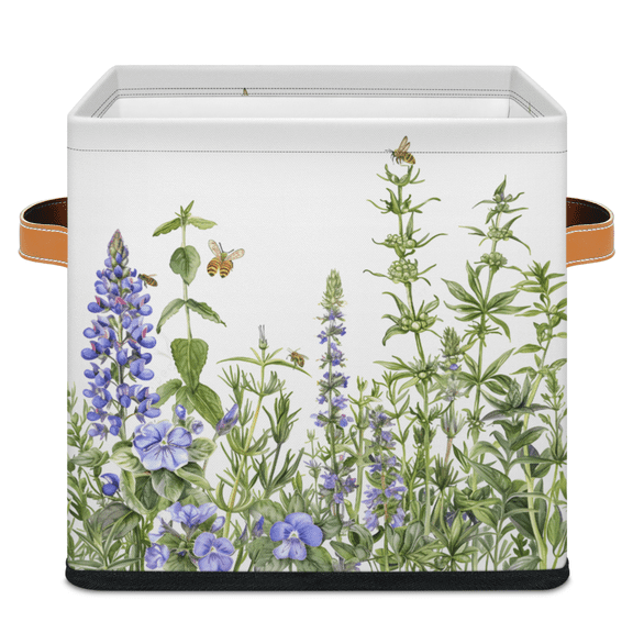 CURLYOOT Wildflower Cube Storage Bin 11 Inch Fabric Storage Cube for Shelves Decorative Purple Lavender Foldable Basket with Leather Handle for Closet Shelves Organizer