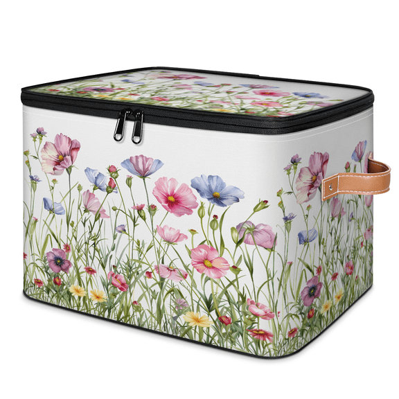 CURLYOOT Wildflower Fabric Storage Bins with Lids, Floral Plant Leaves Flower Foldable Storage Boxes Washable Storage Cube, Closet Bedroom Home Organizer Containers with Leather Handles