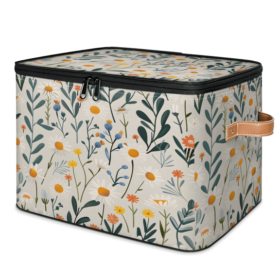 CURLYOOT Wildflower Fabric Storage Bins with Lids, Flower Floral Plant Foldable Storage Boxes Washable Storage Cube, Closet Bedroom Home Organizer Containers with PU Leather Handles