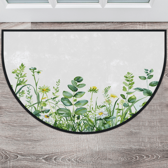 CURLYOOT Wildflower Half Round Door Mat 24'' x 36'', Indoor Outdoor Entrance Rug, Semi Circular Area Rug, Non Slip Washable Absorbent Doormat, Spring Eucalyptus Leaves Laundry Room Rug