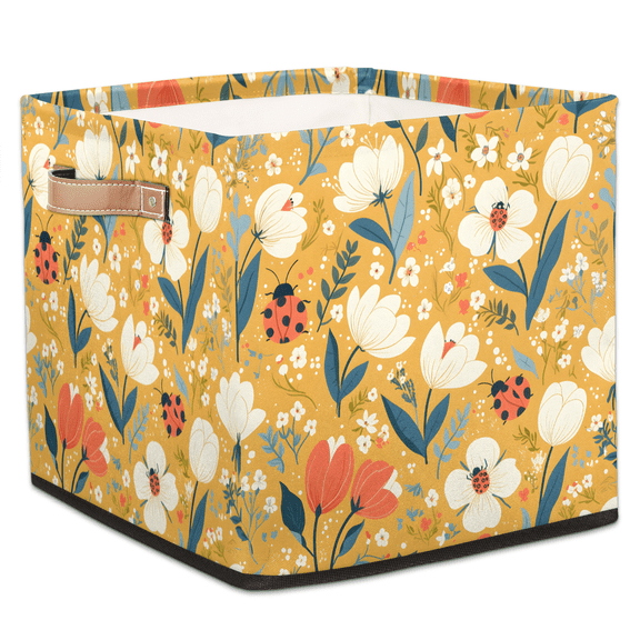 CURLYOOT Wildflower Ladybugs Cube Storage Bin, 13 x 13 x 13 Storage Cube Bins for Organizing, Fabric Foldable Baskets with Handles for Closet, Shelves, Clothes
