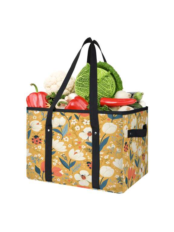 Wildflower Ladybugs Reusable Grocery Bag, Foldable Shopping Tote Bag with Reinforced Handles, Large Kitchen Grocery Bags for Shopping Groceries Picnic