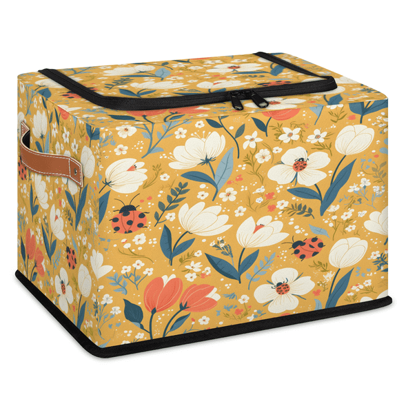 CURLYOOT Wildflower Ladybugs Storage Bin with Zipper Lid, Fabric Storage Basket with Handles, Decorative Foldable Storages Box Clothes Organizer for Closet, Shelf
