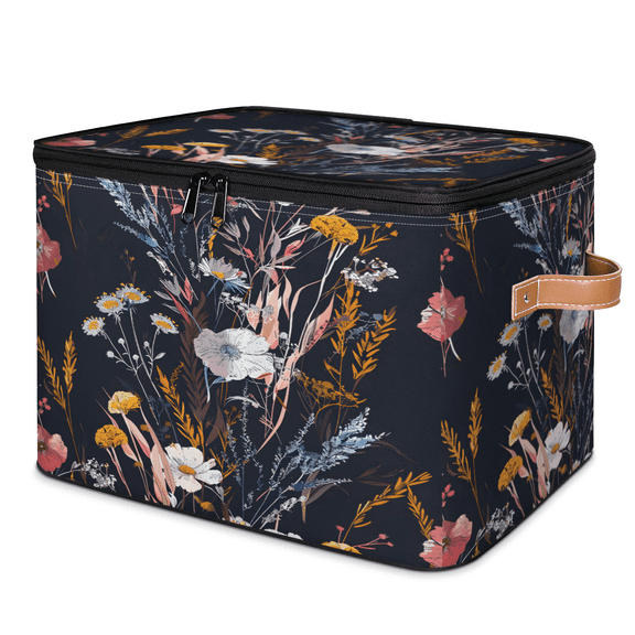 CURLYOOT Wildflower Plant Fabric Storage Bins with Lids, Flower Floral Foldable Storage Boxes Washable Storage Cube, Closet Bedroom Home Organizer Containers with PU Leather Handles