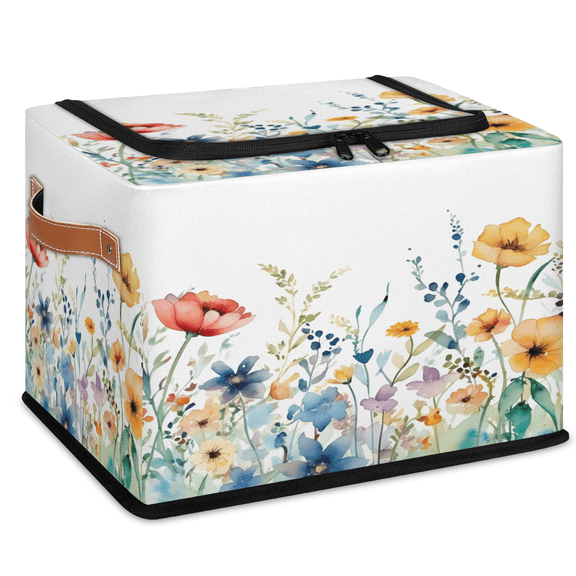 CURLYOOT Wildflower Storage Bin with Zipper Lid, Foldable Clothes Organizer Lidded Storage Baskets, Rectangular Box Closet Shelf Organizer for Living Room Bedroom Home