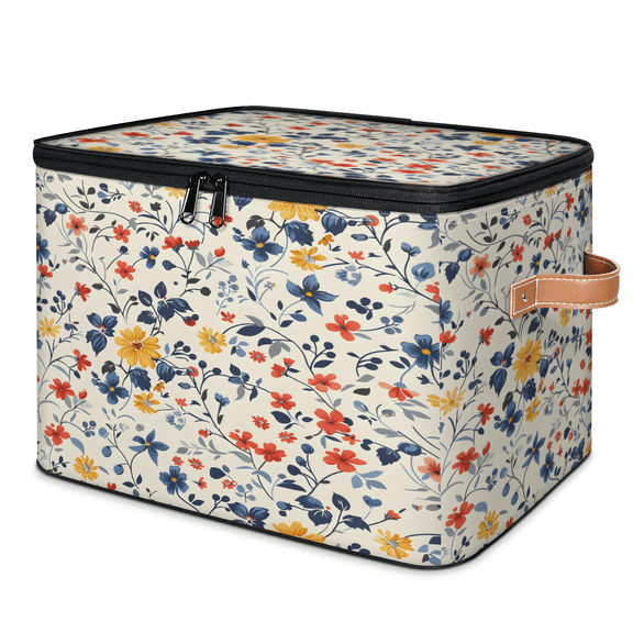 CURLYOOT Wildflower Storage Bins with Zipper Lid Fabric Storage Baskets Boxes Rustic Washable Foldable Clothes Organizer Container with Leather Handles for Shelves Closet