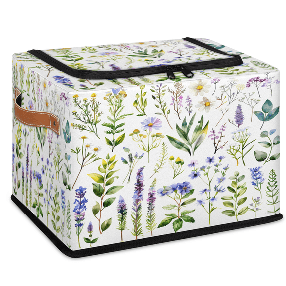 CURLYOOT Wildflowers Flowers Spring Summer Floral Storage Bin With Zipper Lid, Foldable Clothes Organizer Lidded Storage Baskets, Rectangular Box Closet Shelf Organizer