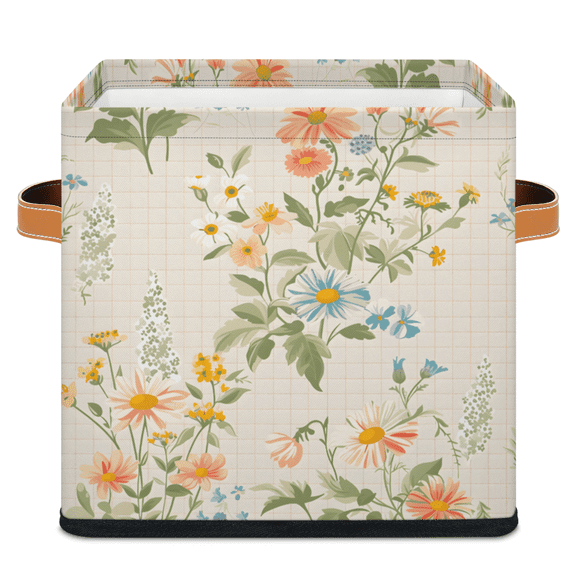 CURLYOOT Wildflowers Summer Cube Storage Bin 11 Inch Fabric Storage Cube for Shelves Decorative Floral Green Leaf Foldable Basket with Leather Handle for Closet Shelves Organizer